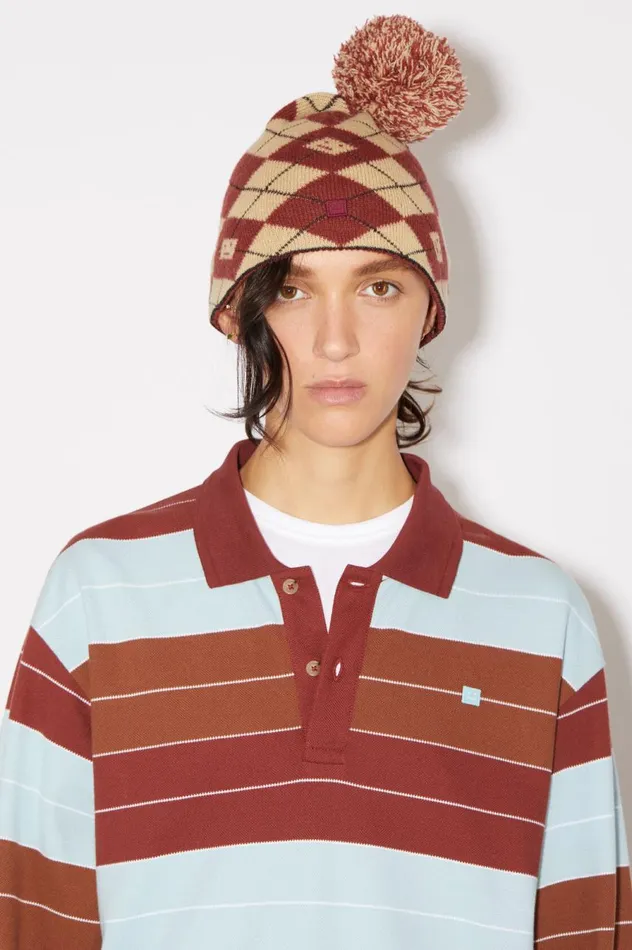 Acne Studios Argyle Jacquard Beanie Biscuit Beigedeep Red Men Hats