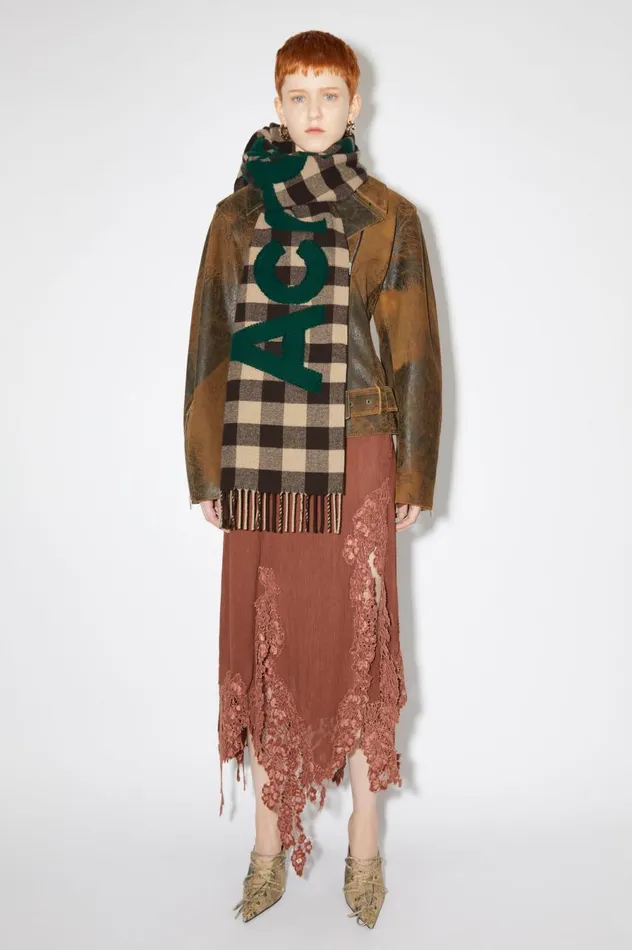 Acne Studios Check Logo Scarf Browngreen Women Scarves