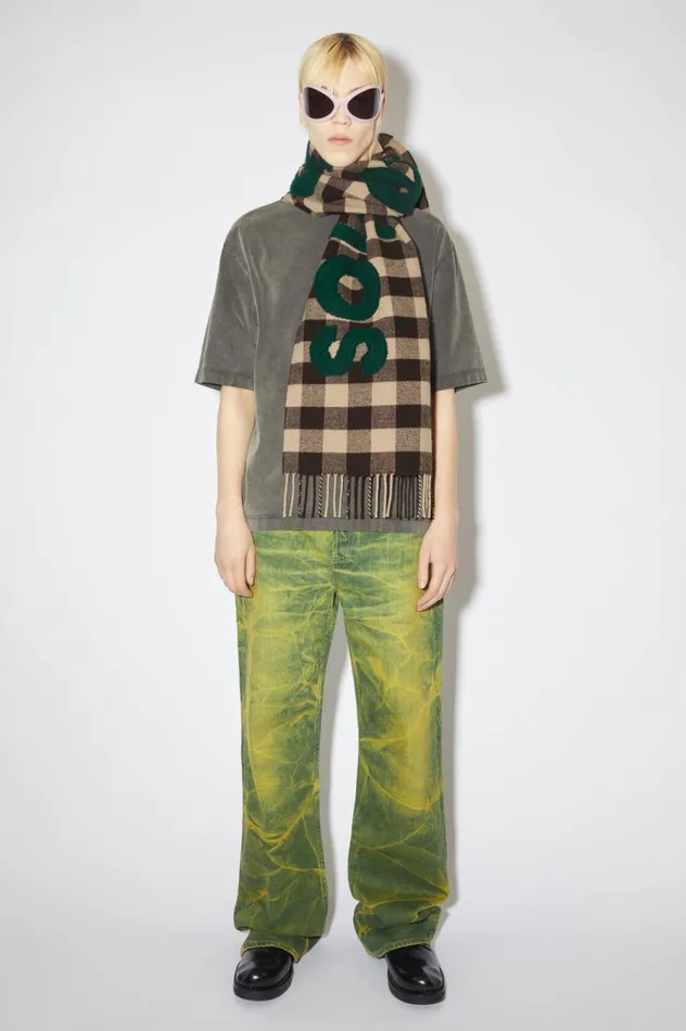 Acne Studios Check Logo Scarf Browngreen Women Scarves