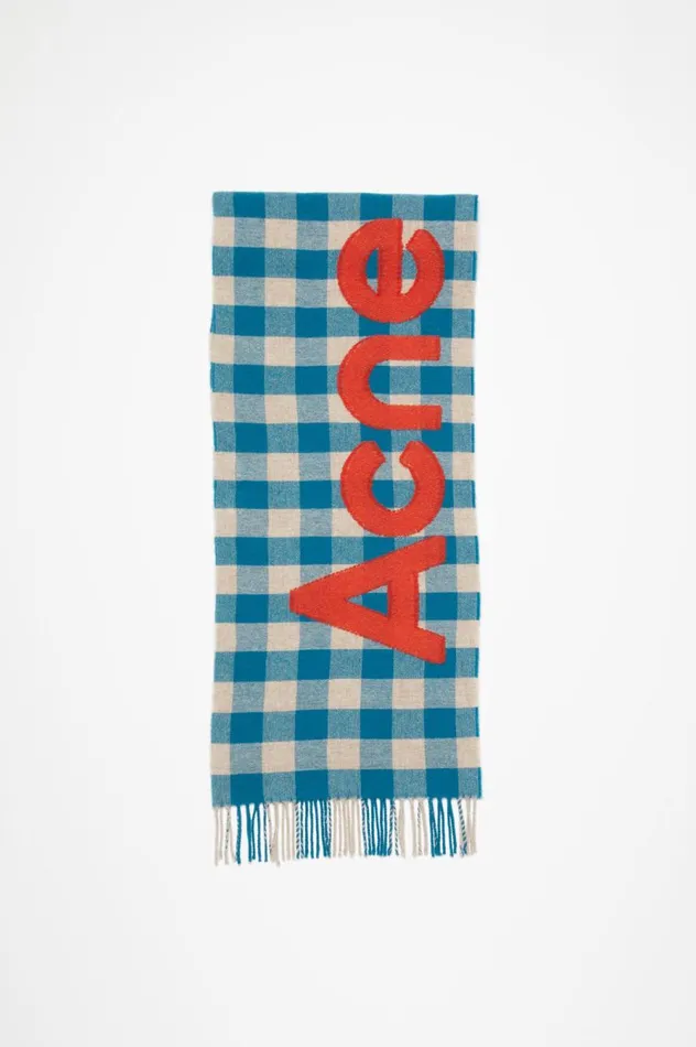 Acne Studios Check Logo Scarf Turquoise Blueorange Men Scarves