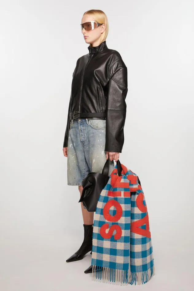 Acne Studios Check Logo Scarf Turquoise Blueorange Men Scarves
