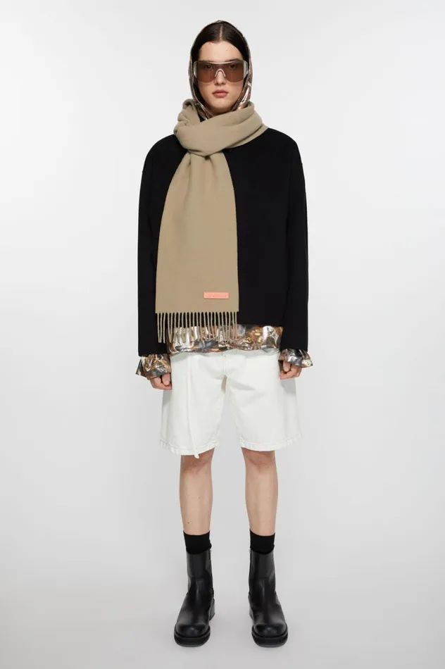 Acne Studios Fringe Wool Scarf 8211 Narrow Khaki Green Women Scarves