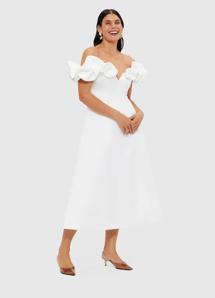 Annie Off Shoulder Frill Midi Dress 8211 Snow Dresses and Jumpsuits LEO LIN Women