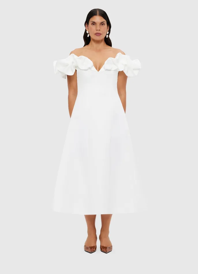 Annie Off Shoulder Frill Midi Dress 8211 Snow Dresses and Jumpsuits LEO LIN Women