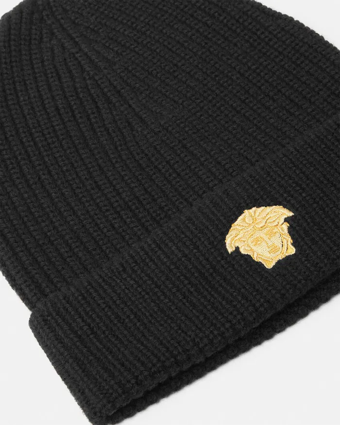 Bags and Accessories Kids Versace Embroidered Medusa Knit Beanie Black
