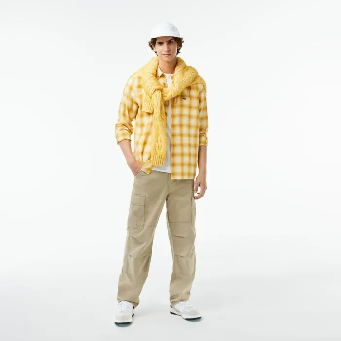 Button Down Shirts Men Lacoste Men039s Cotton And Wool Blend Checked Flannel Shirt Brown White Qiq