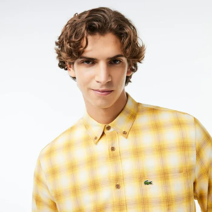 Button Down Shirts Men Lacoste Men039s Cotton And Wool Blend Checked Flannel Shirt Brown White Qiq
