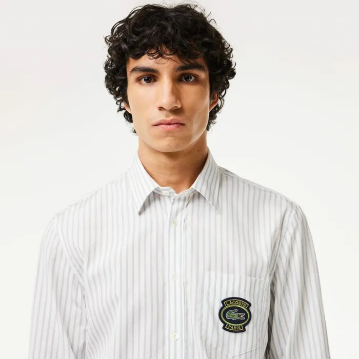 Button Down Shirts Men Lacoste Men039s Logo Badge Striped Shirt White Beige Iqi