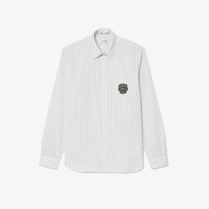 Button Down Shirts Men Lacoste Men039s Logo Badge Striped Shirt White Beige Iqi