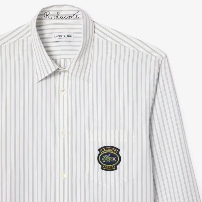 Button Down Shirts Men Lacoste Men039s Logo Badge Striped Shirt White Beige Iqi