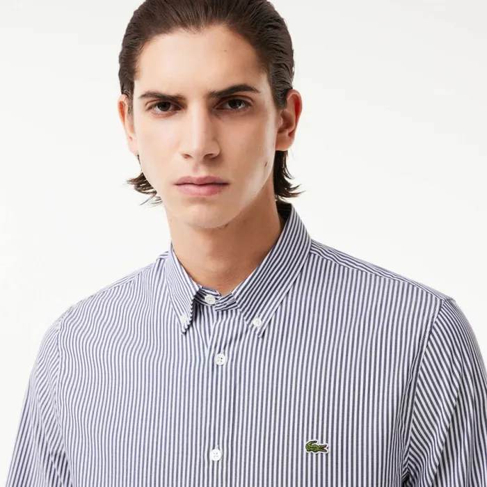 Button Down Shirts Men Lacoste Men039s Regular Fit Striped Cotton Shirt White Navy Blue 522