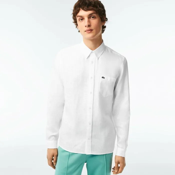 Button Down Shirts Men Lacoste Mens Linen Shirt White 001
