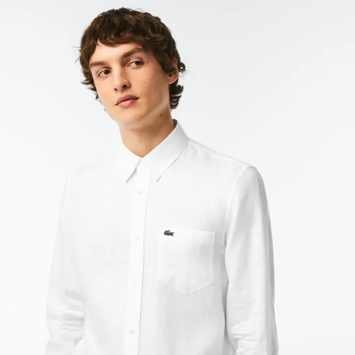 Button Down Shirts Men Lacoste Mens Linen Shirt White 001