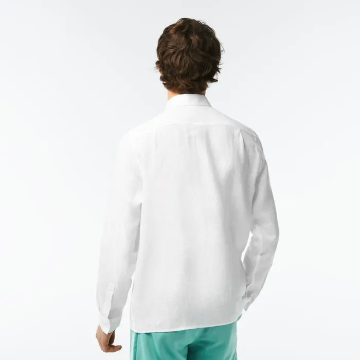 Button Down Shirts Men Lacoste Mens Linen Shirt White 001