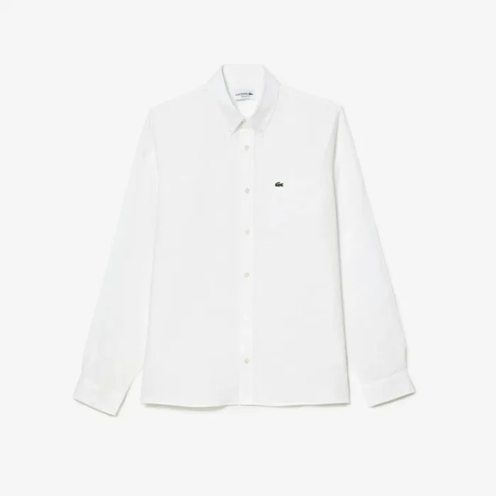 Button Down Shirts Men Lacoste Mens Linen Shirt White 001