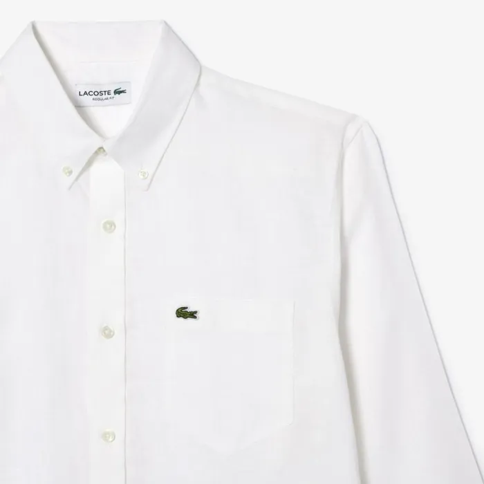 Button Down Shirts Men Lacoste Mens Linen Shirt White 001