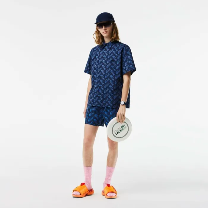 Button Down Shirts Men Lacoste Mens Short Sleeve Vintage Print Shirt Navy Blue Blue F65