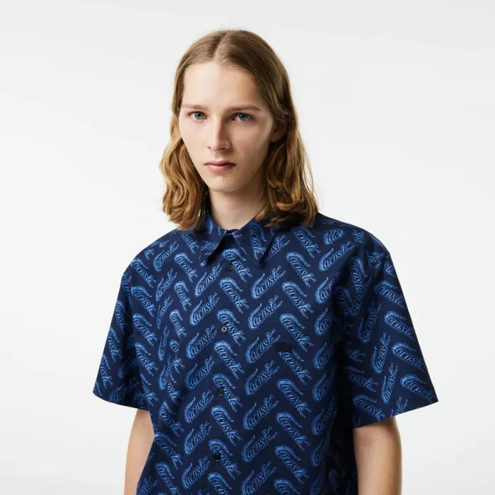Button Down Shirts Men Lacoste Mens Short Sleeve Vintage Print Shirt Navy Blue Blue F65