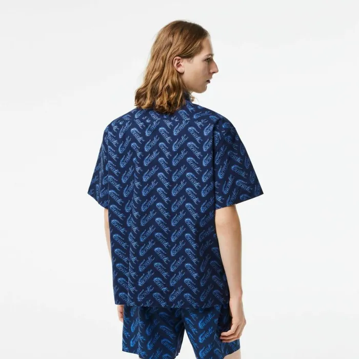 Button Down Shirts Men Lacoste Mens Short Sleeve Vintage Print Shirt Navy Blue Blue F65