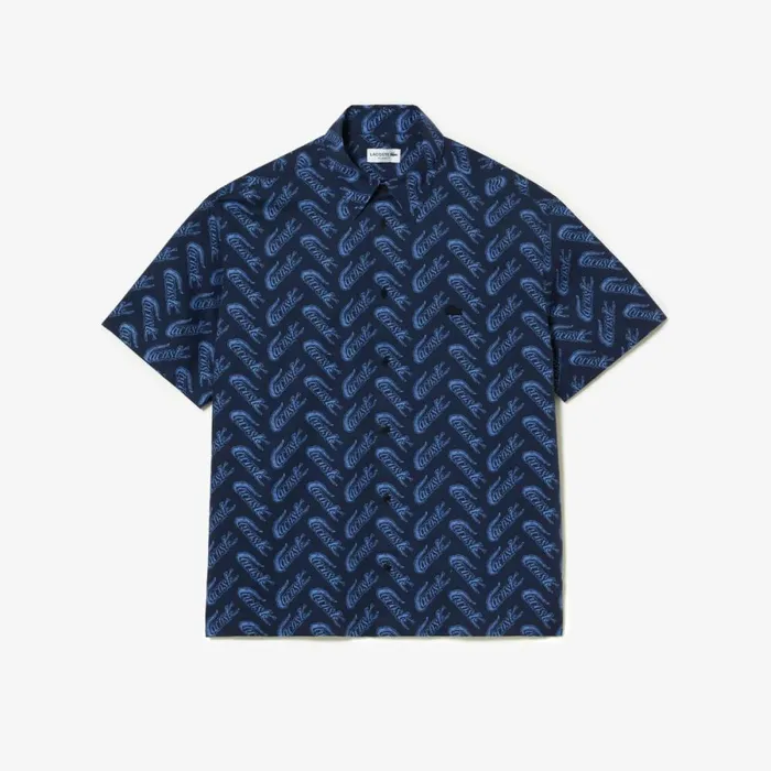 Button Down Shirts Men Lacoste Mens Short Sleeve Vintage Print Shirt Navy Blue Blue F65