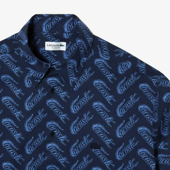 Button Down Shirts Men Lacoste Mens Short Sleeve Vintage Print Shirt Navy Blue Blue F65
