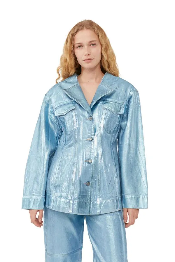 Clothing GANNI CoOrds Blue Foil Denim Fitted Blazer Heather Clothing GANNI CoOrds Blue Foil Denim Fitted Blazer Heather