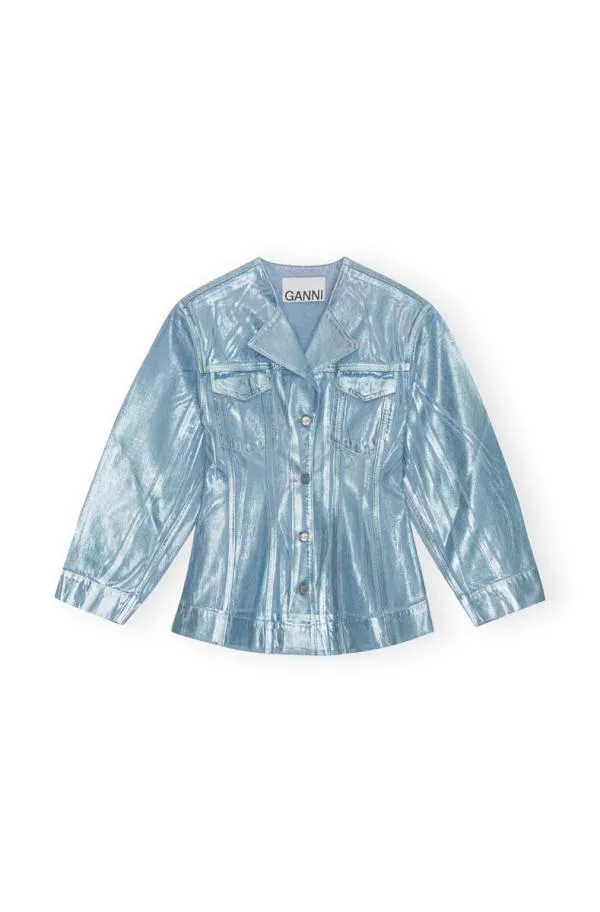 Clothing GANNI CoOrds Blue Foil Denim Fitted Blazer Heather Clothing GANNI CoOrds Blue Foil Denim Fitted Blazer Heather