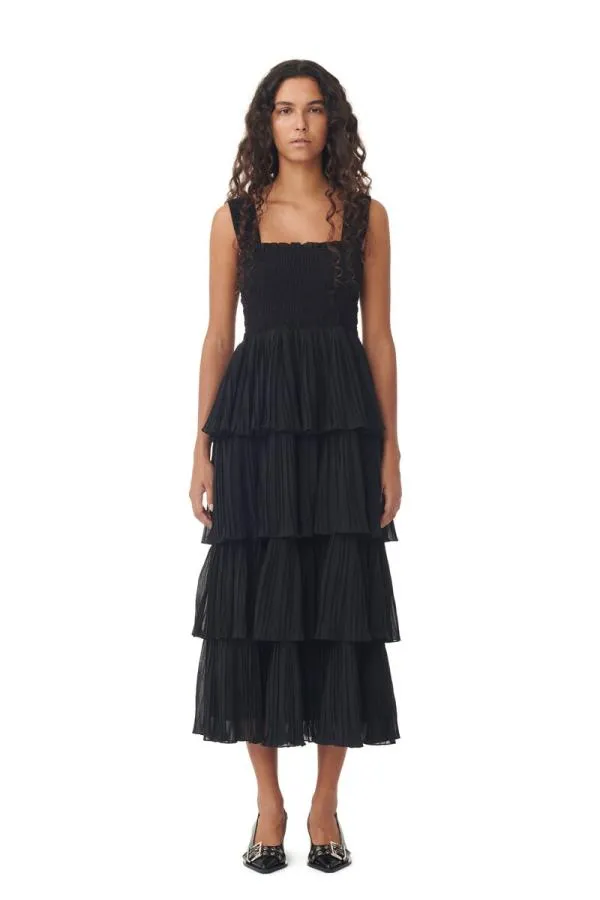 Clothing GANNI Dresses Black Pleated Georgette Flounce Smock Midi Dress Black