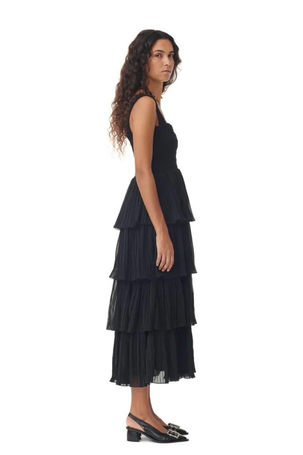 Clothing GANNI Dresses Black Pleated Georgette Flounce Smock Midi Dress Black Clothing GANNI Dresses Black Pleated Georgette Flounce Smock Midi Dress Black