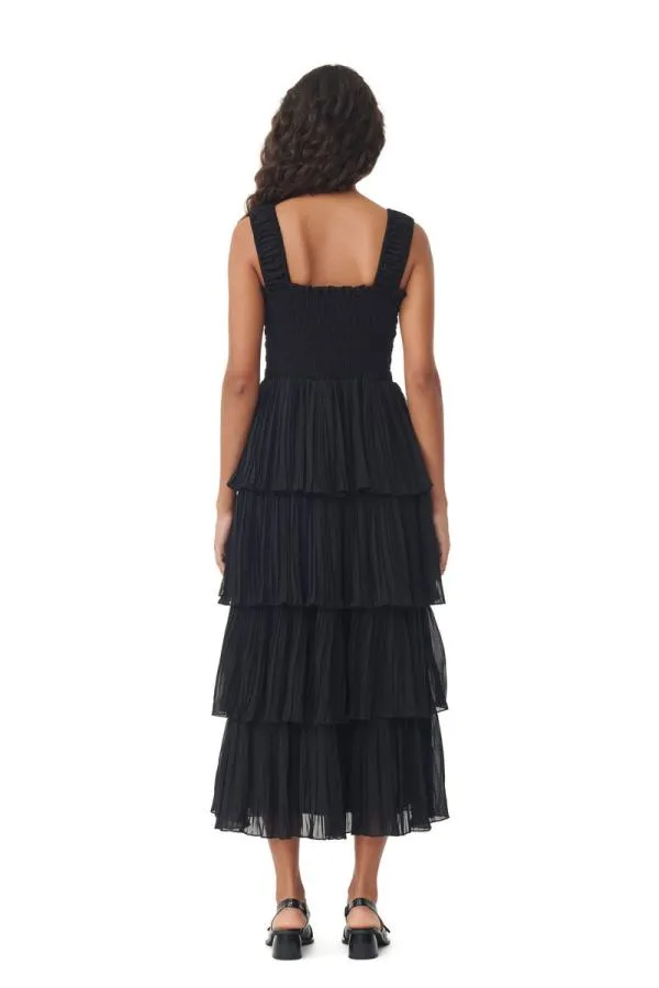 Clothing GANNI Dresses Black Pleated Georgette Flounce Smock Midi Dress Black Clothing GANNI Dresses Black Pleated Georgette Flounce Smock Midi Dress Black