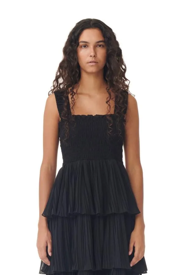 Clothing GANNI Dresses Black Pleated Georgette Flounce Smock Midi Dress Black Clothing GANNI Dresses Black Pleated Georgette Flounce Smock Midi Dress Black
