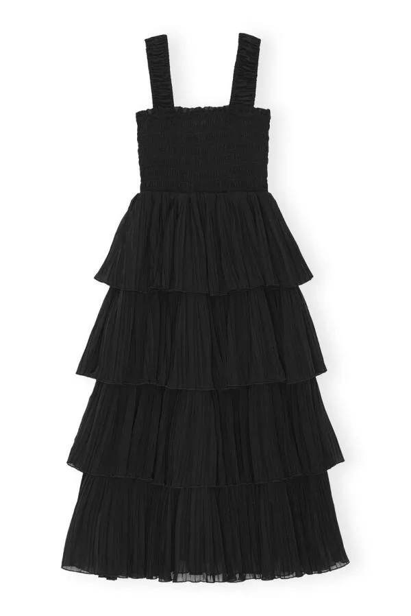 Clothing GANNI Dresses Black Pleated Georgette Flounce Smock Midi Dress Black Clothing GANNI Dresses Black Pleated Georgette Flounce Smock Midi Dress Black