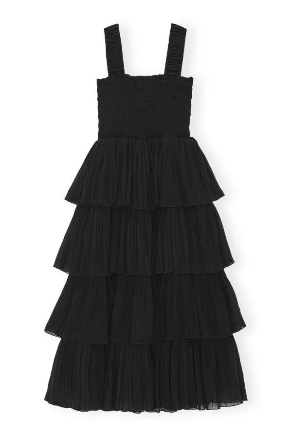 Clothing GANNI Dresses Black Pleated Georgette Flounce Smock Midi Dress Black Clothing GANNI Dresses Black Pleated Georgette Flounce Smock Midi Dress Black