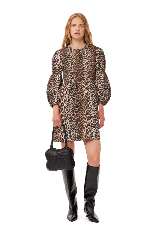 Clothing GANNI Dresses Leopard Cotton Poplin Smock Mini Dress Leopard