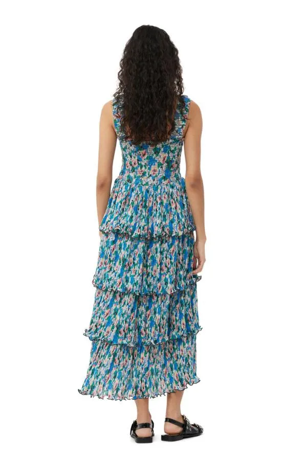 Clothing GANNI Dresses Pleated Georgette Smock Midi Dress Floral Azure Blue