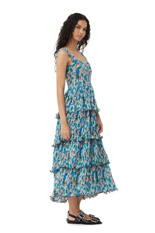 Clothing GANNI Dresses Pleated Georgette Smock Midi Dress Floral Azure Blue