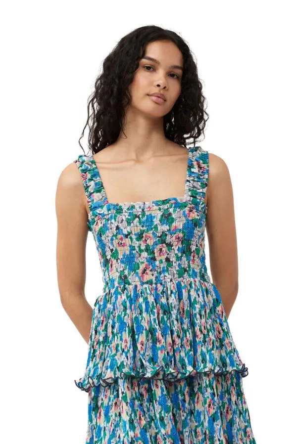 Clothing GANNI Dresses Pleated Georgette Smock Midi Dress Floral Azure Blue