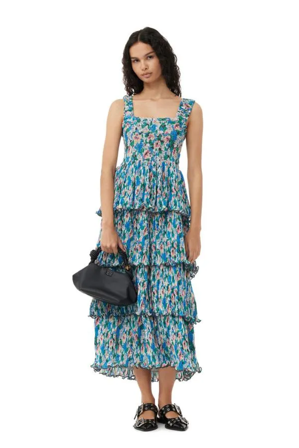 Clothing GANNI Dresses Pleated Georgette Smock Midi Dress Floral Azure Blue