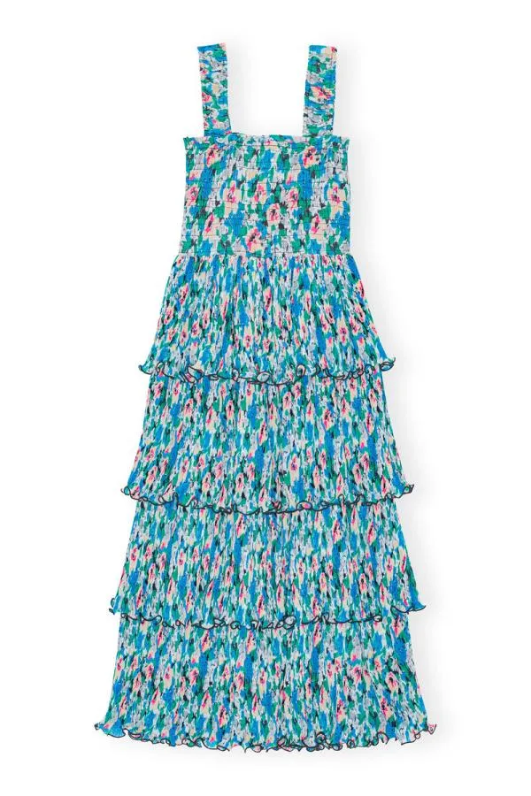 Clothing GANNI Dresses Pleated Georgette Smock Midi Dress Floral Azure Blue