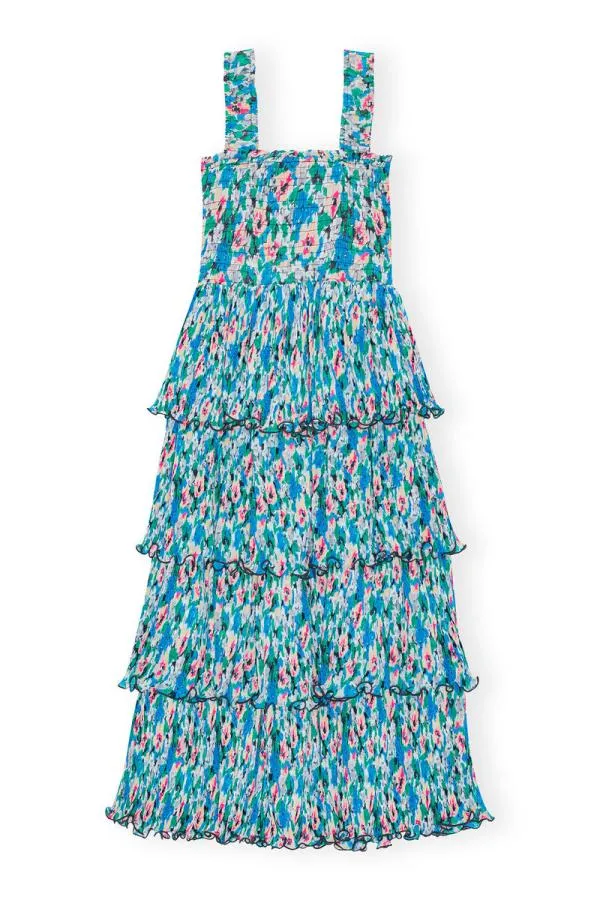 Clothing GANNI Dresses Pleated Georgette Smock Midi Dress Floral Azure Blue