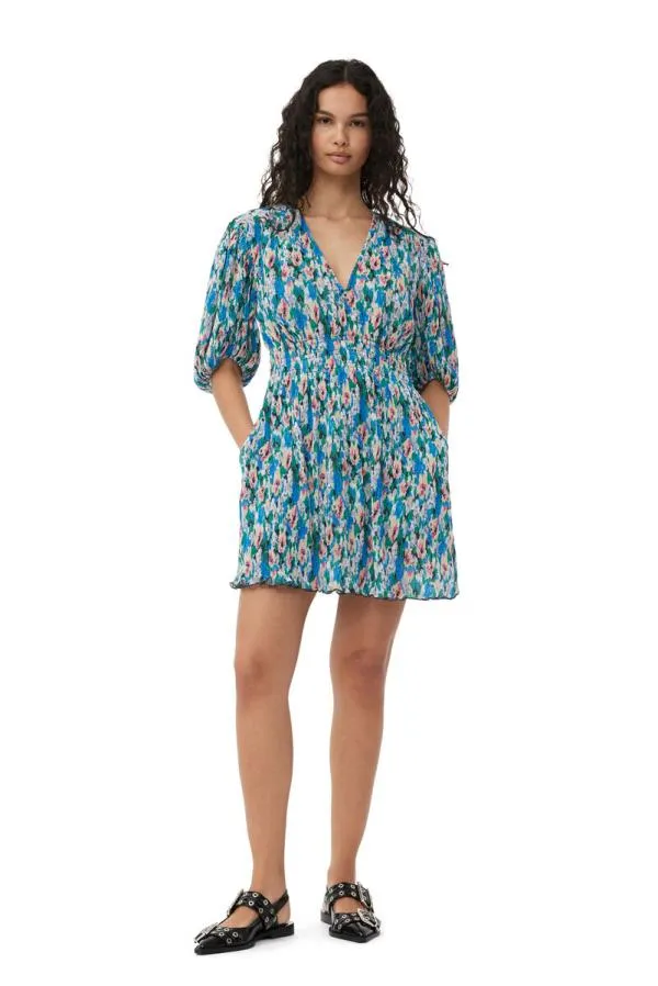 Clothing GANNI Dresses Pleated Georgette Vneck Mini Dress Floral Azure Blue