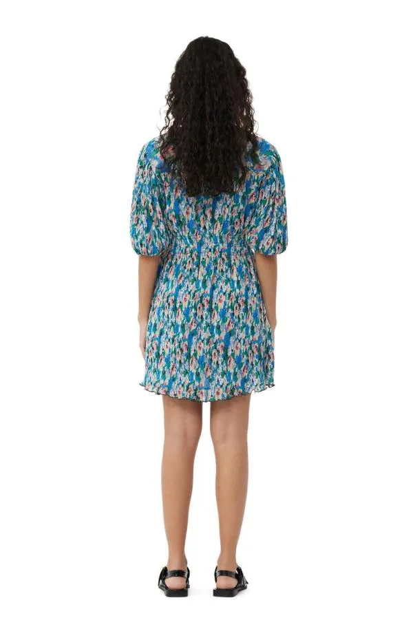 Clothing GANNI Dresses Pleated Georgette Vneck Mini Dress Floral Azure Blue