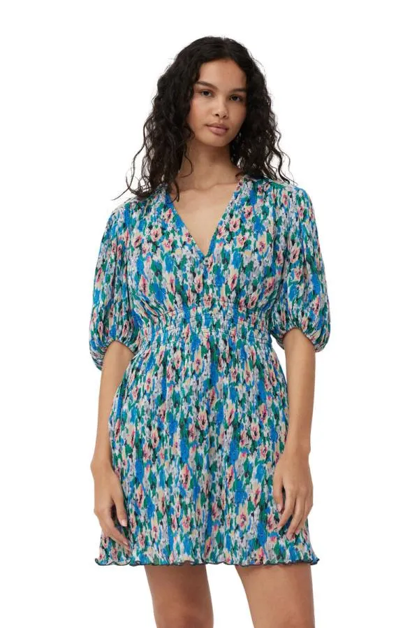 Clothing GANNI Dresses Pleated Georgette Vneck Mini Dress Floral Azure Blue
