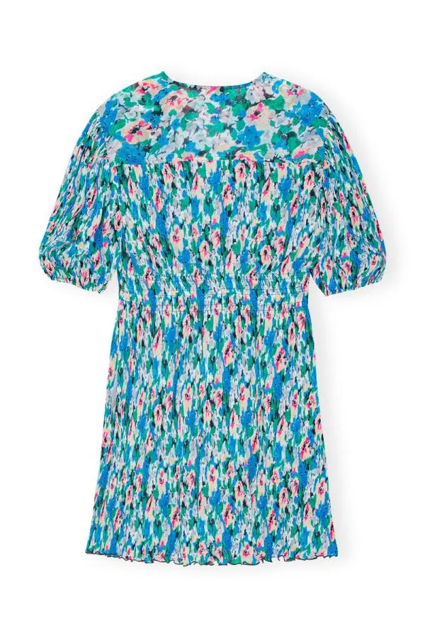 Clothing GANNI Dresses Pleated Georgette Vneck Mini Dress Floral Azure Blue