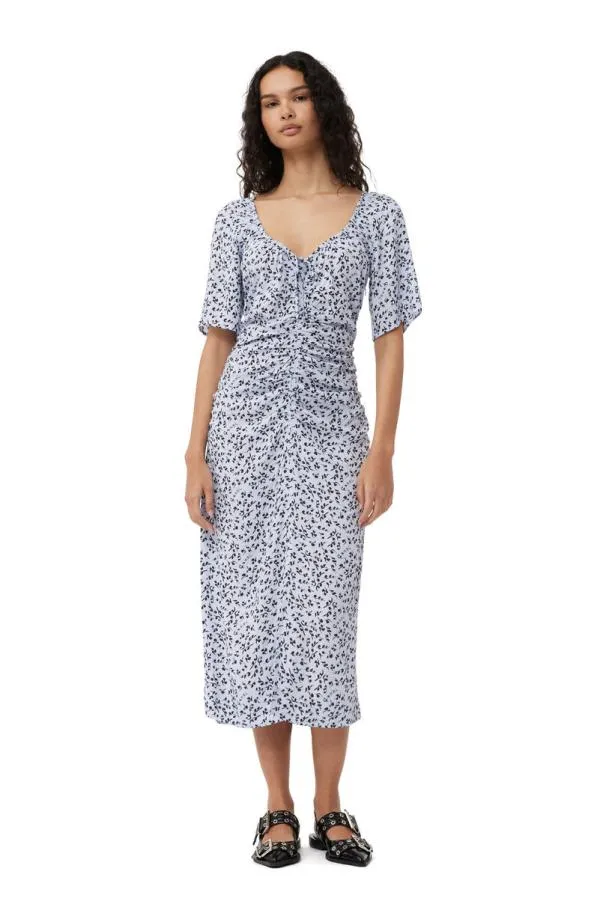 Clothing GANNI Dresses Printed Crepe Uneck Midi Dress Heather