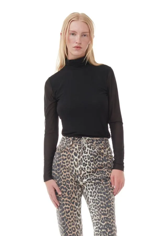 Clothing GANNI Extended Sizes Black Mesh Long Sleeve Roll Neck Blouse Black