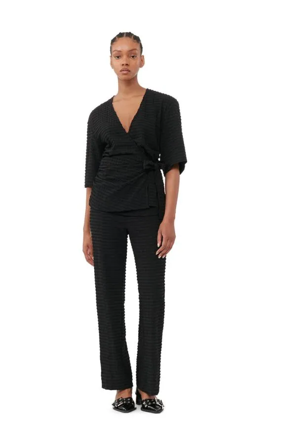 Clothing GANNI Extended Sizes Black Stretch Seersucker Wrap Blouse Black Clothing GANNI Extended Sizes Black Stretch Seersucker Wrap Blouse Black