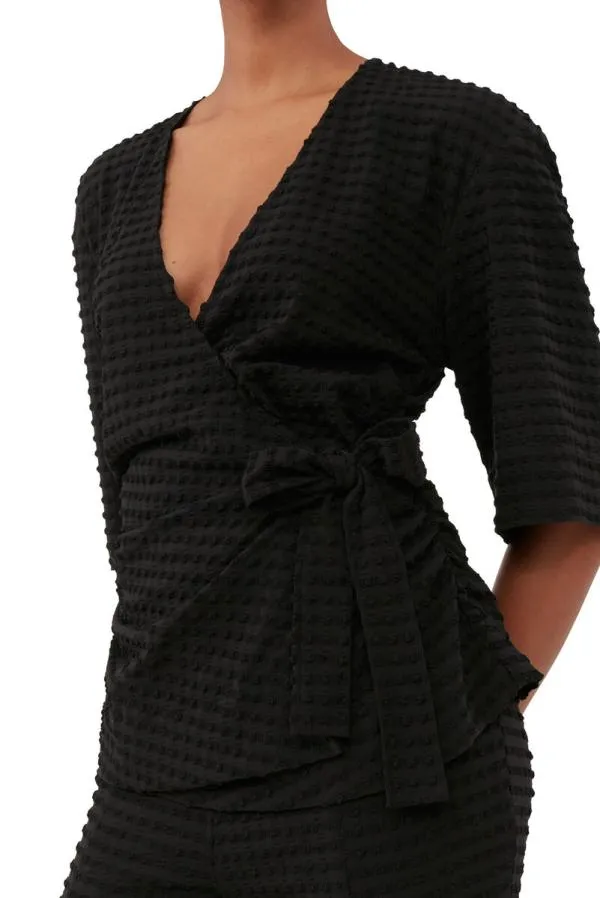 Clothing GANNI Extended Sizes Black Stretch Seersucker Wrap Blouse Black Clothing GANNI Extended Sizes Black Stretch Seersucker Wrap Blouse Black