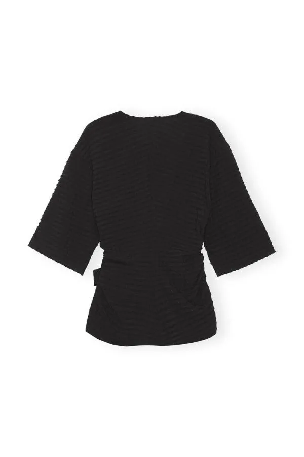 Clothing GANNI Extended Sizes Black Stretch Seersucker Wrap Blouse Black Clothing GANNI Extended Sizes Black Stretch Seersucker Wrap Blouse Black