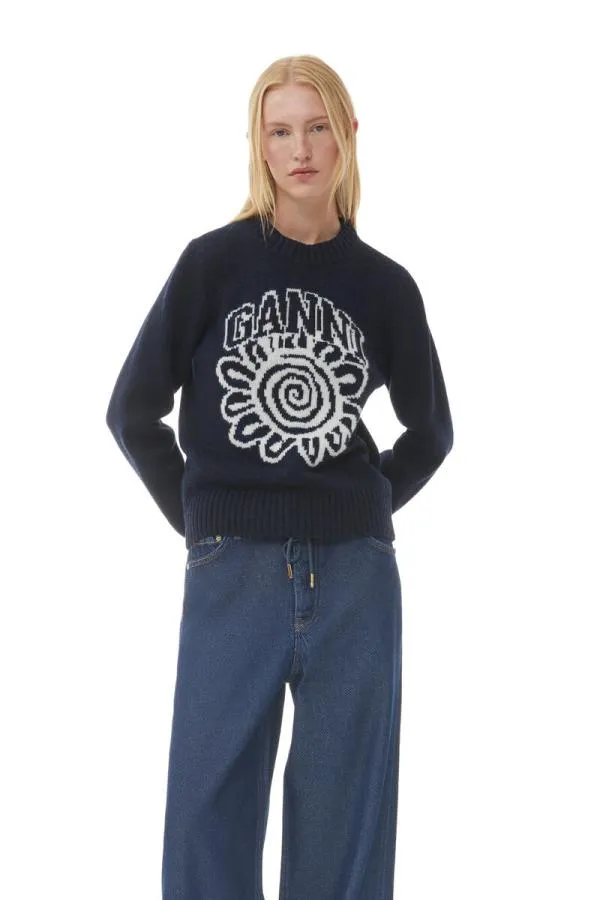 Clothing GANNI Extended Sizes Blue Flower Graphic Oneck Pullover Sky Captain